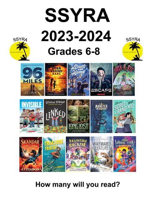 Book Covers of the 2023-2024 SSYRA books for grades 6-8.